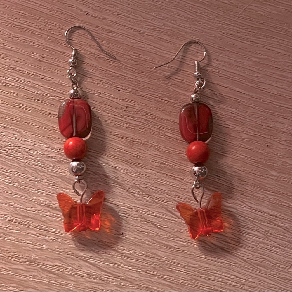 Handmade Red-Orange Beaded Butterfly Earrings 🦋